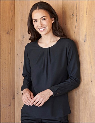 H-H598-Ladies Pleat Front Long Sleeved Blouse